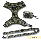 essential dog gear walk set, korriko 3-piece harness leash poop bag dispenser set, matching dog walk gear bundle green camo